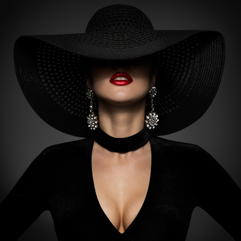 dark feminine elegance, woman with a black hat