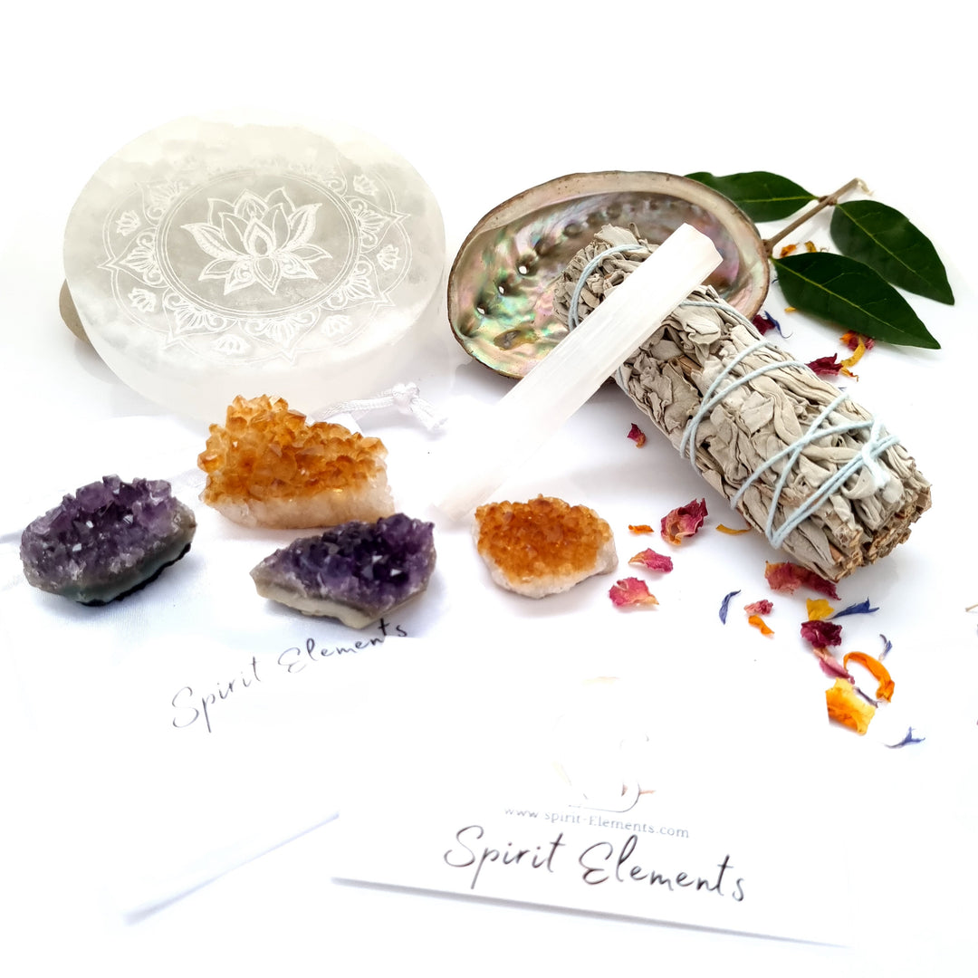 Selenite dish, amethyst and citrine crystals with Sage smudge stick