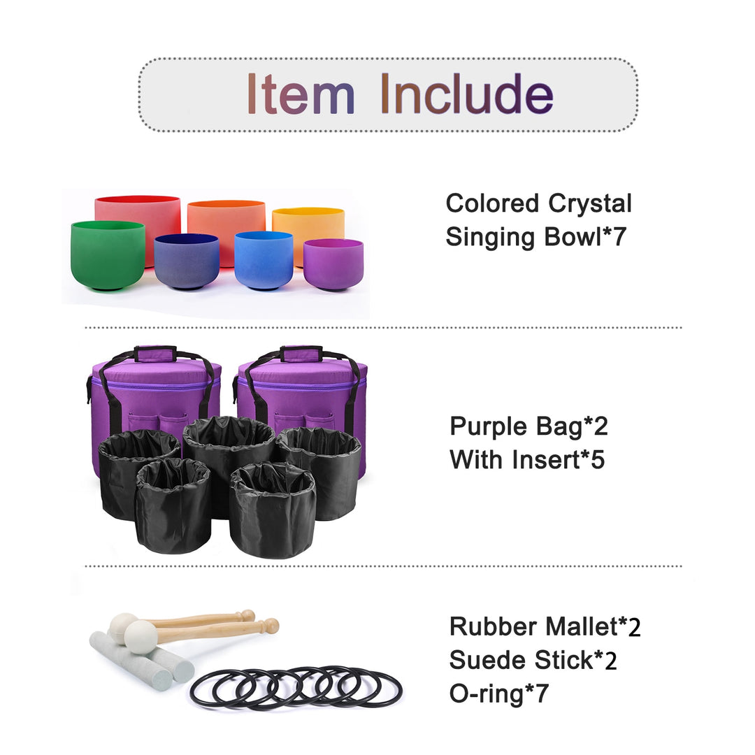 Coloured Frosted Quartz Crystal Singing Bowl SET 7pcs with bags 432hz