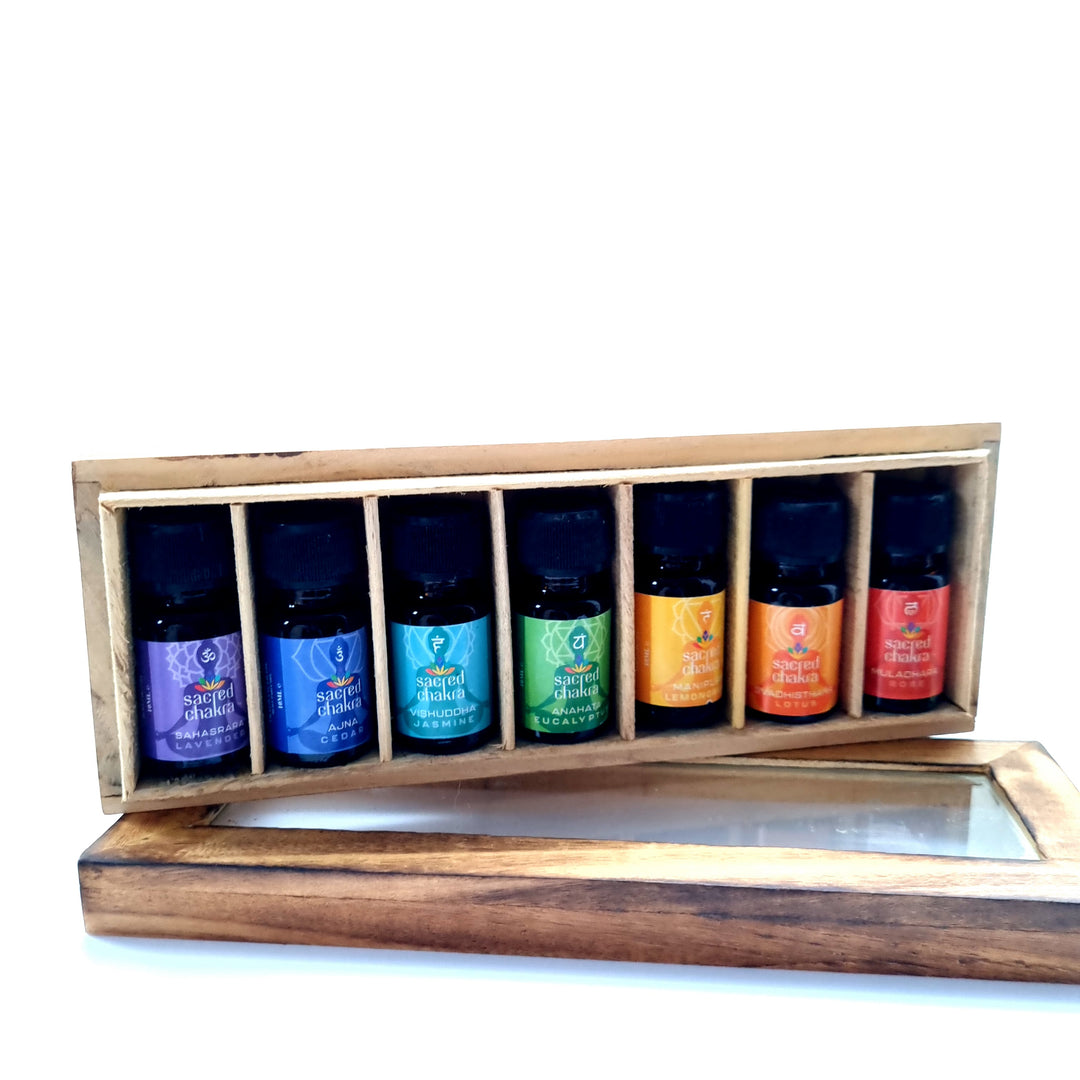 essential oil bottles in wooden case