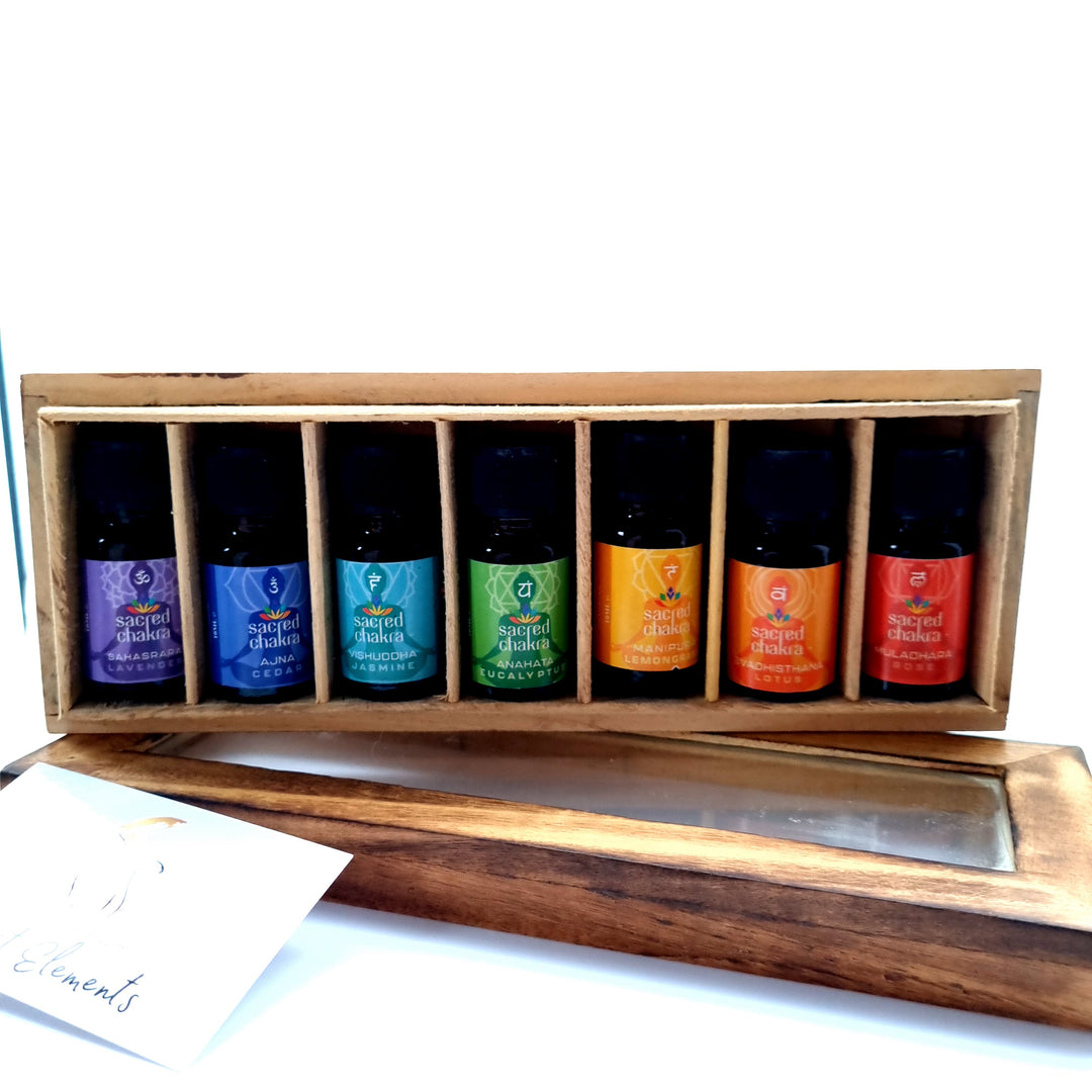 essential oils in wooden box