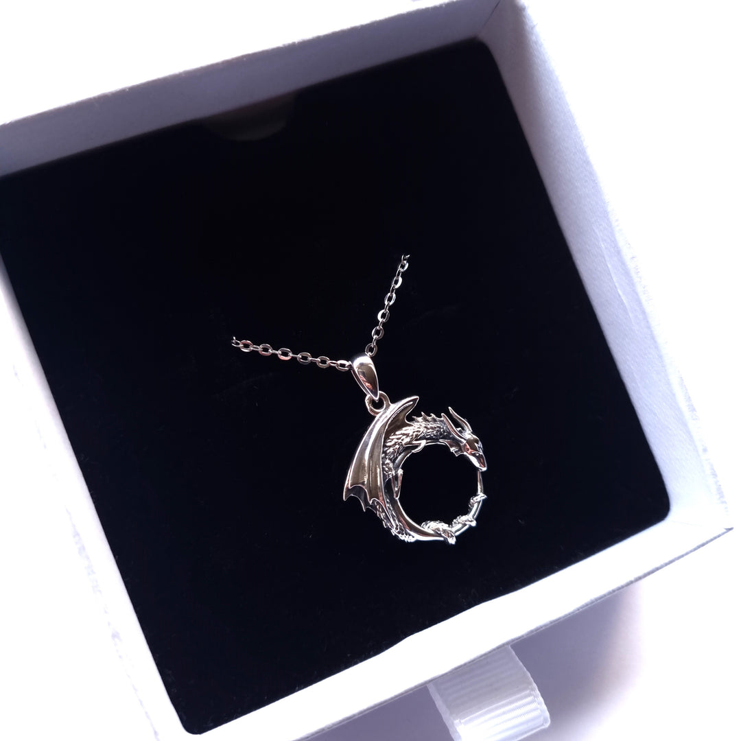 boxed Silver dragon necklace