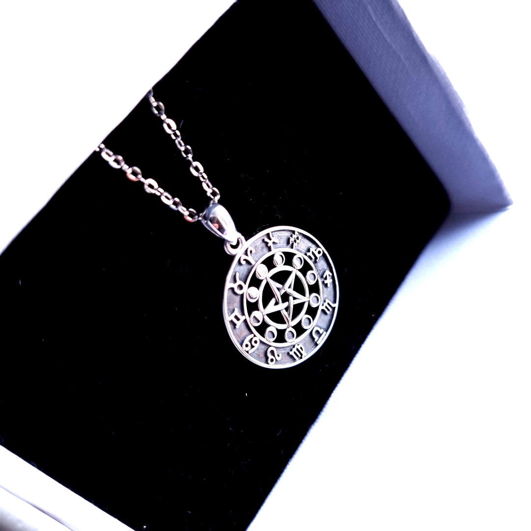 silver pentagram moon necklace
